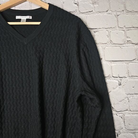 Cutter And Buck Black V-Neck 100% Merino Wool Ripple Knit Sweater Size Large - Picture 4 of 10